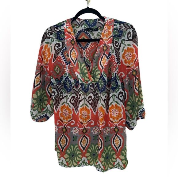 Tribal Blouse Women's Sheer 3/4 Sleeved Top Boho Cottage Beach Gypsy. Size 8 - Picture 1 of 7